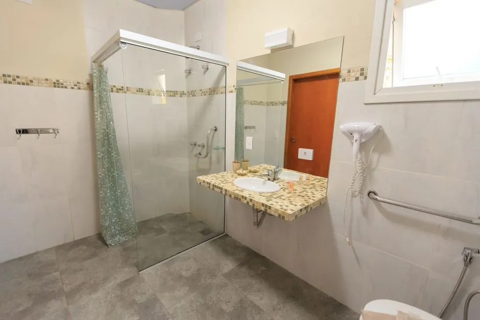Spacious and accessible bathroom featuring a large glass shower, modern sink, and stylish decor.